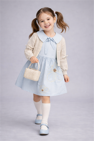 6-9 Yaş Triko Hırkalı Bebe Yaka Kız Çocuk Elbise Bebe Mavi