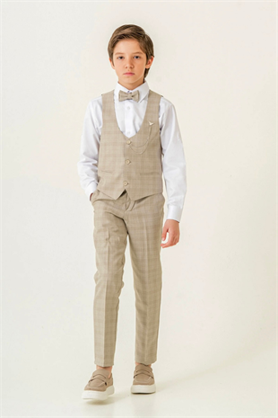 Karo Ekose Yelekli Zincirli Çocuk Takım Elbise Latte