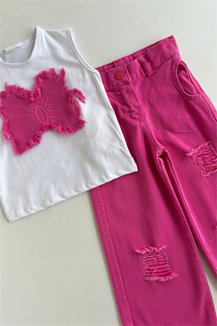 3-14 Yaş Kelebek Armalı Kot Pantolonlu Kız Takım Pembe