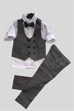 Yelekli Papyonlu Katyonik Erkek Çocuk Takım Elbise Gri