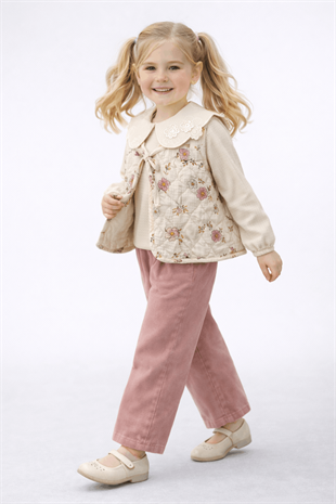 3-7 Yaş Bebe Yaka Bluz Çiçekli Yelek ve Kot Pantolonlu 3lü Kız Çocuk Takım Pembe