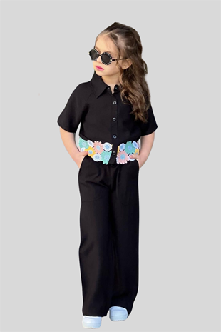4-12 Yaş Çiçek Detay Müslin Kız Pantolon Gömlek Takım Siyah