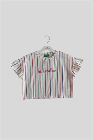 4-14 Yaş Benetton Kolları Fırfırlı Çizgili Kız Çocuk Tshirt Beyaz