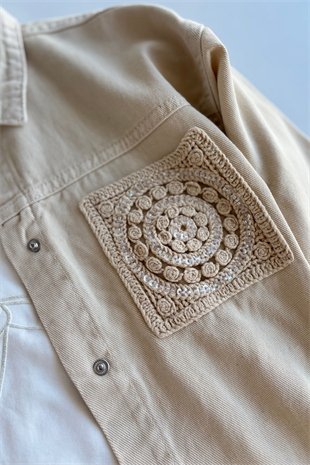 9-14 Yaş Örgü Aplikeli Gabardin Kız Çocuk Takım Krem