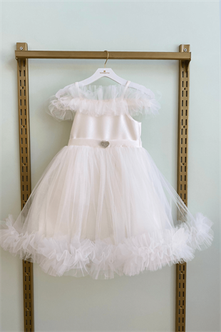 8-12 Yaş Lüx Etekleri Tül Detay Kız Çocuk Abiye Elbise Beyaz