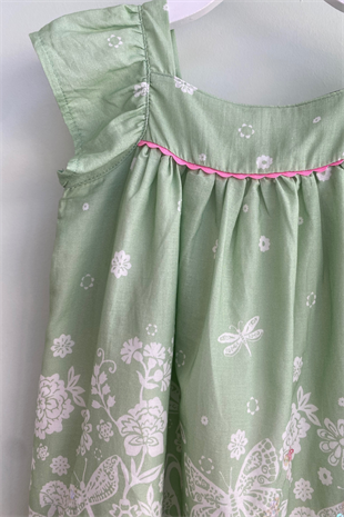 4-8 Yaş Payet Detay Biyeli Çiçekli Elbise Yeşil