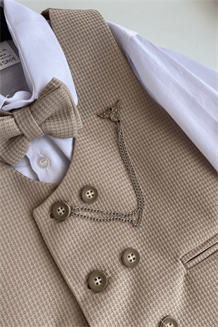 Matrix Yelekli Zincirli Erkek Çocuk Takım Elbise Latte