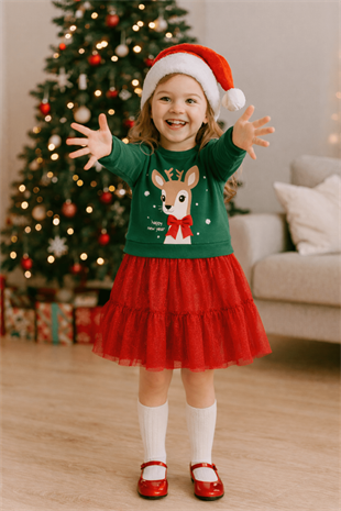 4-7 Yaş Geyik Detay Yeni yıl Elbise Kırmızı