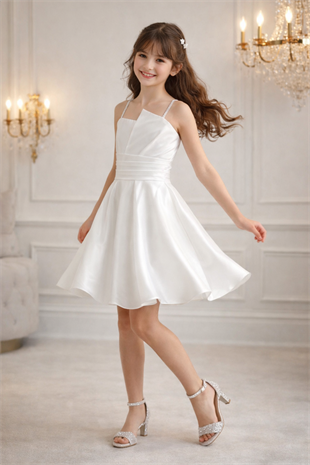 10-15 Saten Eliza Kız Çocuk Abiye Elbise Beyaz