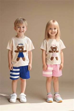 2-8 Yaş Ayıcıklı Çizgi Şortlu Kız Çocuk Takım Pembe Kardeş Kombini