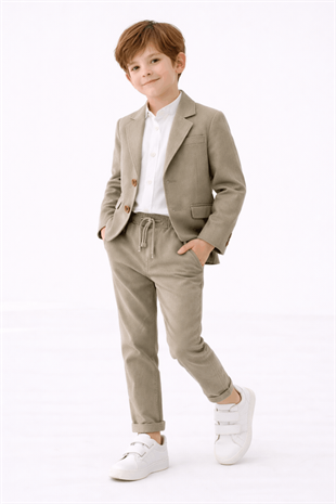 2-5 Yaş Nona Ceketli Keten Gömlekli Erkek Takım Elbise Çağla Yeşili