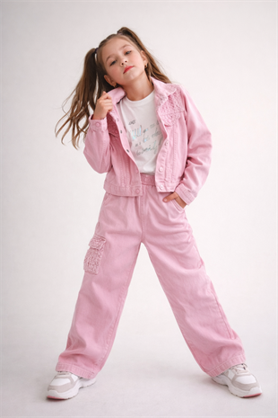 3-12 Yaş Pullu Dokuma Ceketli 3lü Kız Çocuk Takım Pembe