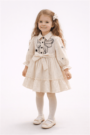 2-5 Yaş Fiyonk Detaylı Uzun Kol Kız Çocuk Elbise Krem