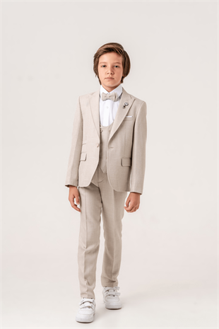 Premium Seri Mendilli Yelekli Ceketli Çocuk Takım Elbise Latte