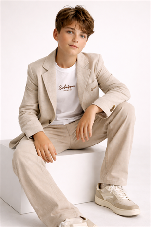 9-14 Yaş Exclusive Keten Erkek Çocuk Takım Krem