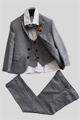 Yaka Çiçekli Yelekli Erkek Çocuk Takım Elbise Gri