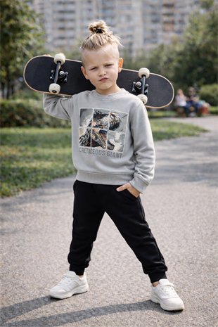 3-10 Yaş Dinozor Baskılı Erkek Çocuk Eşofman Takımı Gri