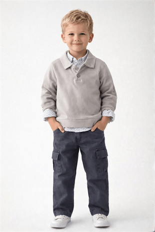 2-9 Yaş Premium Baklava Desen Şişme Yelekli Pantolonlu 4lü Erkek Çocuk Takım Gri