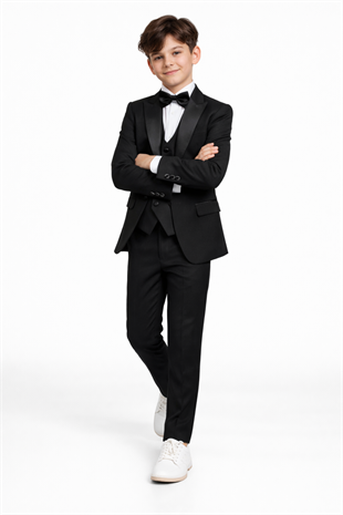 3-14 Yaş Saten Yaka Erkek Çocuk Takım Elbise Mezuniyet Siyah