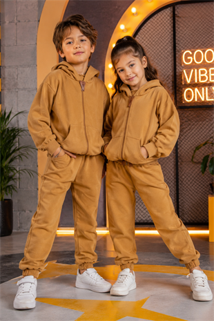6-10 Yaş Kanguru Cepli Fermuarlı Kapüşonlu Çocuk Takım Unisex Hardal