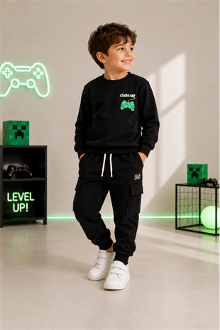 7-10 Yaş Kargo Pantolonlu Game Erkek Çocuk Eşofman Takımı Siyah