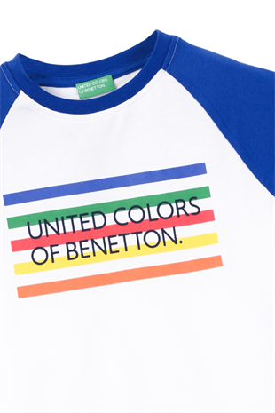 4-14 Yaş Benetton Bisiklet Yaka Logo Baskılı Erkek Çocuk Tshirt Beyaz