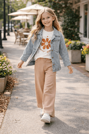 6-9 Yaş Taşlı Kot Ceket Baskılı Kot Pantolon Kız Takım Latte