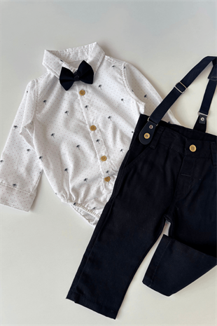 6-24 Ay Desenli Çıtçıtlı Gömlek Pantolon Askı Papyon Seti Lacivert