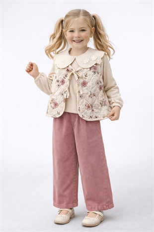3-7 Yaş Bebe Yaka Bluz Çiçekli Yelek ve Kot Pantolonlu 3lü Kız Çocuk Takım Pembe