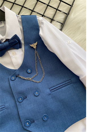 Zincir Detay Çift Düğmeli Erkek Çocuk Takım Elbise İndigo