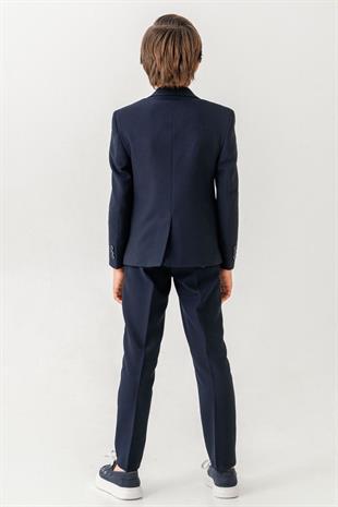 3-14 Yaş Gofre Rozetli Tişörtlü Çocuk Takım Elbise Lacivert