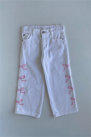 5-12 Yaş Kurdela Nakışlı Kız Çocuk Kot Pantolon Beyaz
