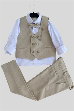 Zincir Çift Düğme Başak Erkek Çocuk Takım Elbise Bej