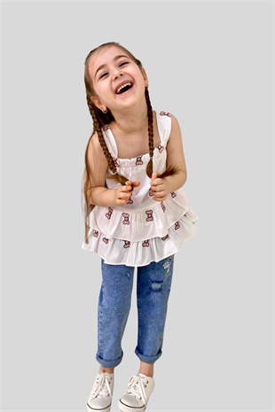 3-10 Yaş Fiyonk Detay Bluz ve Kot Pantolon Seti