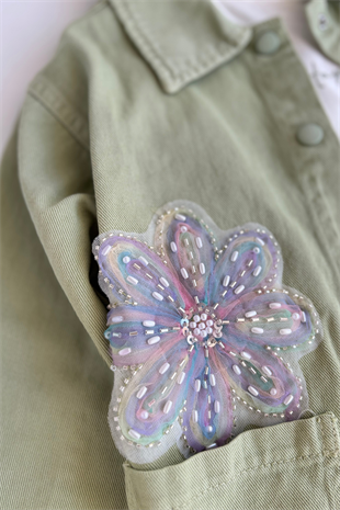 9-14 Yaş Çiçek Boncuk Aplikeli Ceketli Gabardin  Kız Çocuk Takım Yeşil