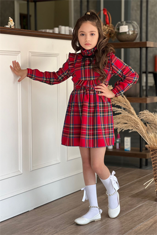 Ekose Desen Kız Çocuk Elbise