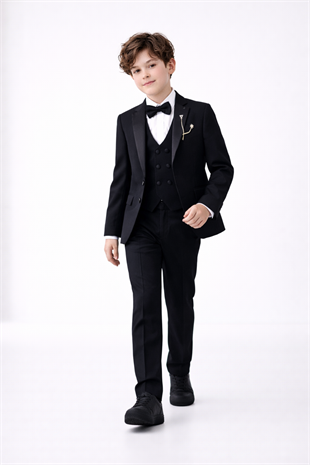 3-14 Yaş Premium Double Yaka Zincirli Erkek Çocuk Damatlık Siyah