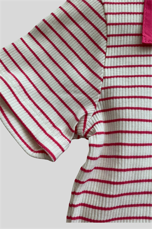 8-14 Yaş Polo Yaka Çizgili Crop Fuşya 