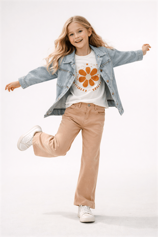 6-9 Yaş Taşlı Kot Ceket Baskılı Kot Pantolon Kız Takım Latte