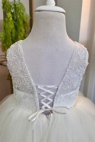 Güpür Çiçek Desenli Kız Çocuk Abiye Gelinlik Beyaz