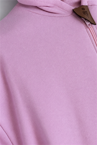 6-10 Yaş Kanguru Cepli Fermuarlı Kapüşonlu Çocuk Takım Unisex Pembe