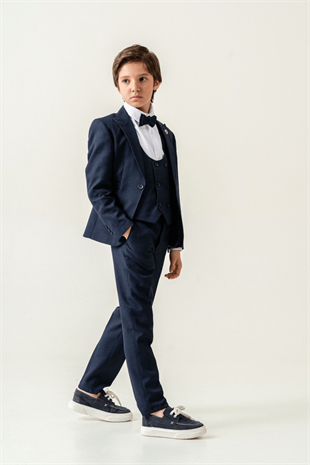 Premium Seri Mendilli Yelekli Ceketli Çocuk Takım Elbise Lacivert