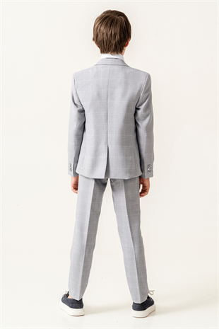 Ekose Ceketli Erkek Çocuk Takım Elbise Gri