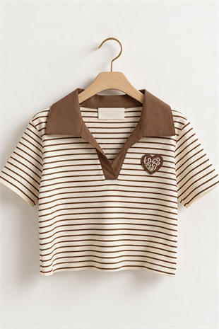 8-14 Yaş Polo Yaka Çizgili Crop Cappuccino
