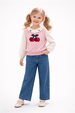 3-7 Yaş Kiraz Süveterli Pantolonlu Kız Çocuk Takım Pembe