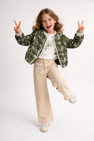 4-8 Yaş Nakışlı Bomber Ceketli 3lü Kız Çocuk Takım Yeşil