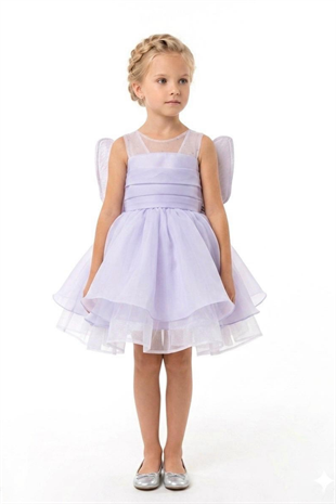 2-6 Yaş Butterfly Kanatlı Kız Çocuk Abiye Elbise Lila