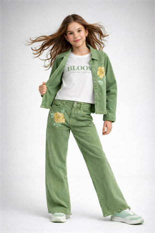 8-12 Yaş Çiçek Payetli Ceketli Gabardin  Kız Çocuk Takım Yeşil