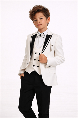 3-14 Yaş Premium Yeleği Katlamalı Erkek Çocuk Damatlık Krem