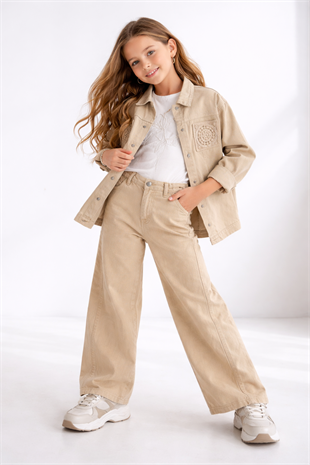 9-14 Yaş Örgü Aplikeli Gabardin Kız Çocuk Takım Krem